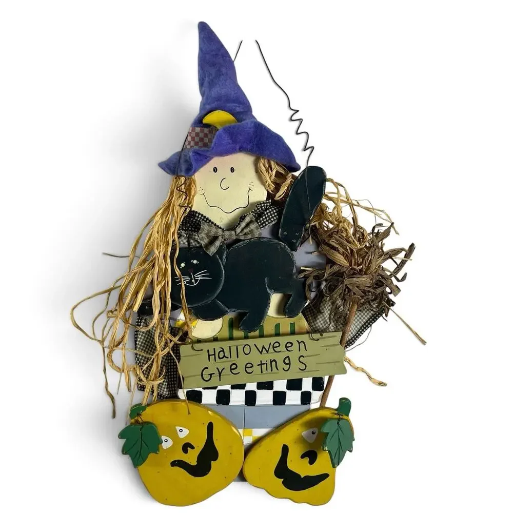 Vintage Halloween Witch Black Cat Pumpkin Wall Hanging Primitive Folk Art Kitsch